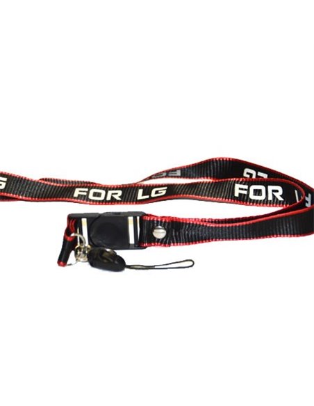LACCIO PORTACELLULARE DA COLLO IN TESSUTO COLORE NERO E ROSSO CON SCRITTA LG LARGHEZZA BANDA 20 MM