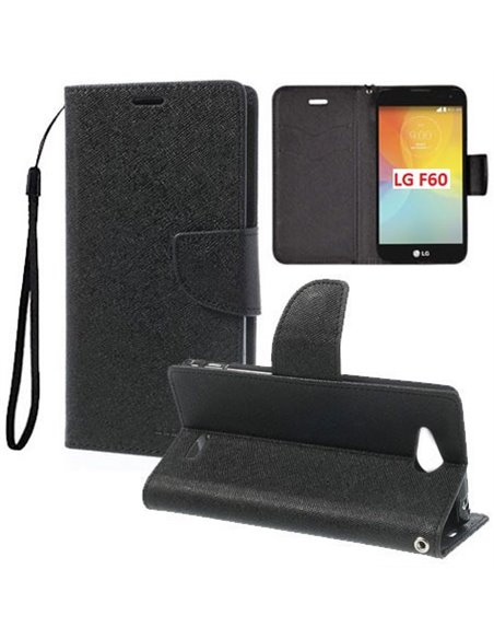 CUSTODIA FLIP ORIZZONTALE per LG F60 D390N, F60 D392 DUAL SIM CON INTERNO IN TPU, STAND, PORTA CARTE E LACCIO DA POLSO COLORE NE