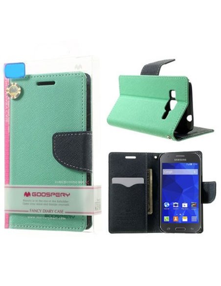 CUSTODIA FLIP ORIZZONTALE per SAMSUNG G357 GALAXY ACE 4 CON STAND ED INTERNO IN TPU COLORE VERDE ACQUA FANCY DIARY BLISTER