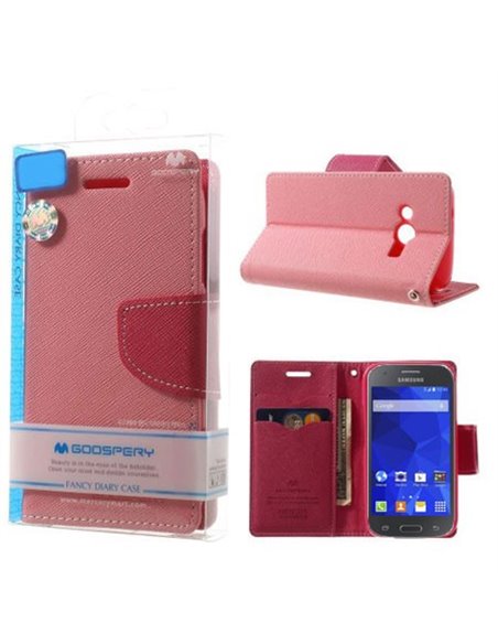 CUSTODIA FLIP ORIZZONTALE per SAMSUNG G357 GALAXY ACE 4 CON STAND, INTERNO IN TPU E PORTA CARTE ROSA FANCY DIARY BLISTER