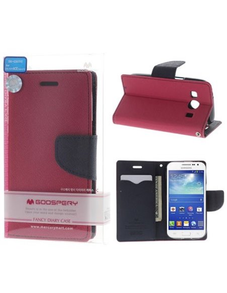 CUSTODIA FLIP ORIZZONTALE per SAMSUNG G357 GALAXY ACE 4 CON STAND, INTERNO IN TPU E PORTA CARTE FUCSIA FANCY DIARY BLISTER