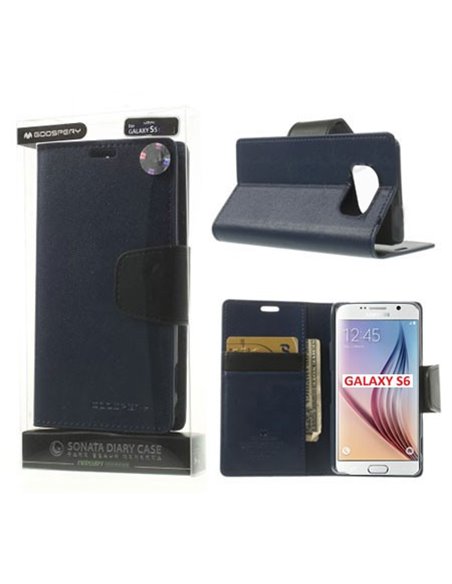 CUSTODIA FLIP ORIZZONTALE PELLE per SAMSUNG SM-G920 GALAXY S6 CON INTERNO IN TPU E STAND COLORE BLU E NERO SONATA MERCURY BLISTE