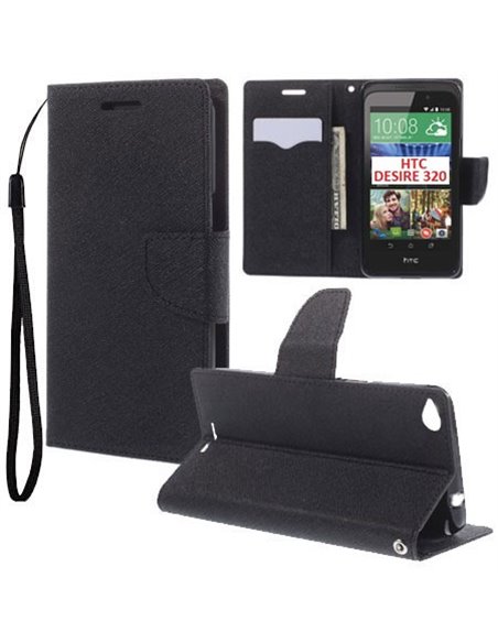 CUSTODIA FLIP ORIZZONTALE per HTC DESIRE 320 CON INTERNO IN TPU, STAND, PORTA CARTE E LACCIO DA POLSO COLORE NERO