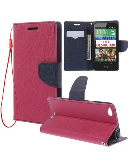 CUSTODIA FLIP ORIZZONTALE per HTC DESIRE 320 CON INTERNO IN TPU, STAND, PORTA CARTE E LACCIO DA POLSO COLORE FUCSIA