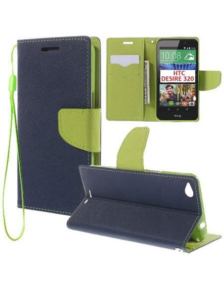 CUSTODIA FLIP ORIZZONTALE per HTC DESIRE 320 CON INTERNO IN TPU, STAND, PORTA CARTE E LACCIO DA POLSO COLORE BLU