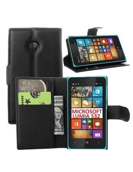 CUSTODIA FLIP ORIZZONTALE SIMILPELLE per MICROSOFT LUMIA 532 CON STAND, TASCHE PORTA CARTE E CHIUSURA MAGNETICA COLORE NERO