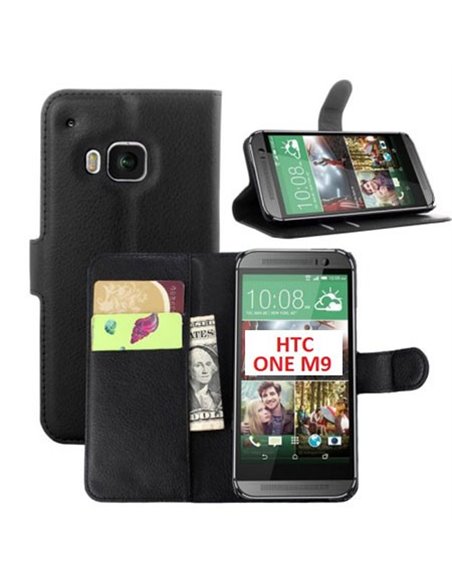 CUSTODIA per HTC ONE M9, ONE M9 PRIME CAMERA - FLIP ORIZZONTALE SIMILPELLE CON STAND E TASCHE PORTA CARTE COLORE NERO