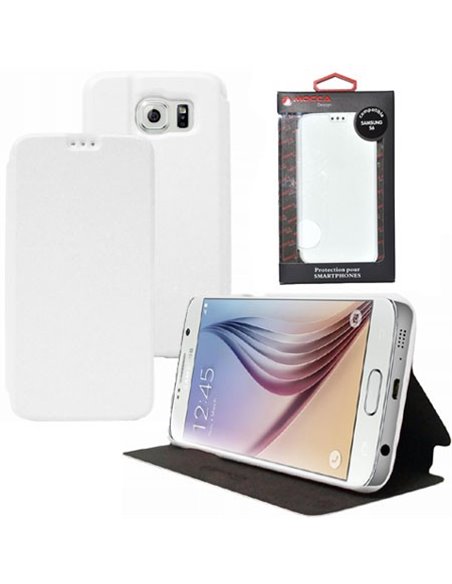 CUSTODIA FLIP ORIZZONTALE SLIM PELLE per SAMSUNG SM-G920 GALAXY S6 CON STAND COLORE BIANCO ALTA QUALITA' MOCCA BLISTER