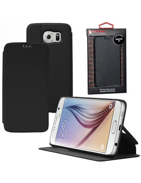 CUSTODIA FLIP ORIZZONTALE SLIM PELLE per SAMSUNG SM-G920 GALAXY S6 CON STAND COLORE NERO ALTA QUALITA' MOCCA BLISTER