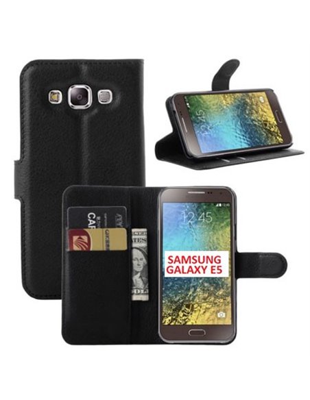 CUSTODIA FLIP ORIZZONTALE SIMILPELLE per SAMSUNG SM-E500 GALAXY E5 CON STAND, PORTA CARTE E CHIUSURA MAGNETICA COLORE NERO