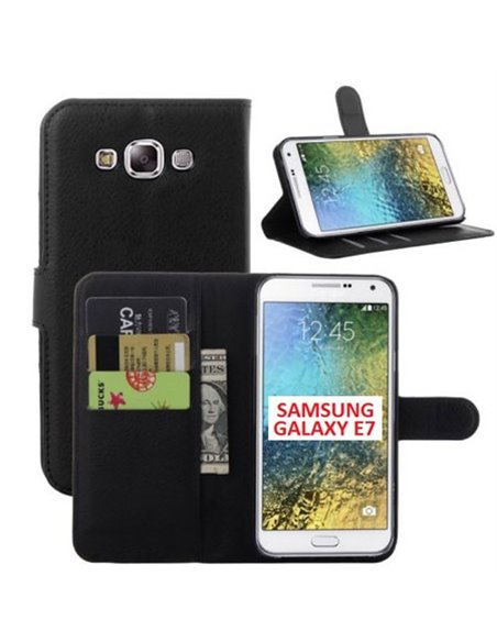 CUSTODIA FLIP ORIZZONTALE SIMILPELLE per SAMSUNG SM-E700 GALAXY E7 CON STAND, PORTA CARTE E CHIUSURA MAGNETICA COLORE NERO