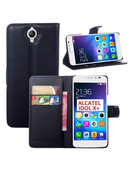 CUSTODIA FLIP ORIZZONTALE SIMILPELLE per ALCATEL ONE TOUCH IDOL X+ 6043D CON STAND E TASCHE PORTA CARTE COLORE NERO