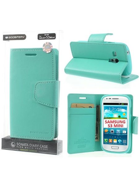 CUSTODIA FLIP ORIZZONTALE PELLE per SAMSUNG I8190 GALAXY S3 MINI, I8200 CON INTERNO IN TPU E STAND COLORE VERDE ACQUA SONATA BLI