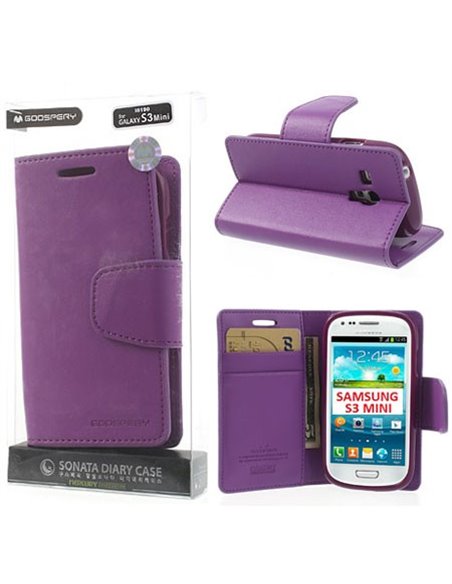 CUSTODIA FLIP ORIZZONTALE PELLE per SAMSUNG I8190 GALAXY S3 MINI, I8200 CON INTERNO IN TPU E STAND COLORE VIOLA SONATA BLISTER