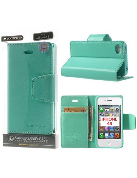 CUSTODIA FLIP ORIZZONTALE PELLE per APPLE IPHONE 4, IPHONE 4s CON INTERNO IN TPU E STAND COLORE VERDE ACQUA SONATA BLISTER