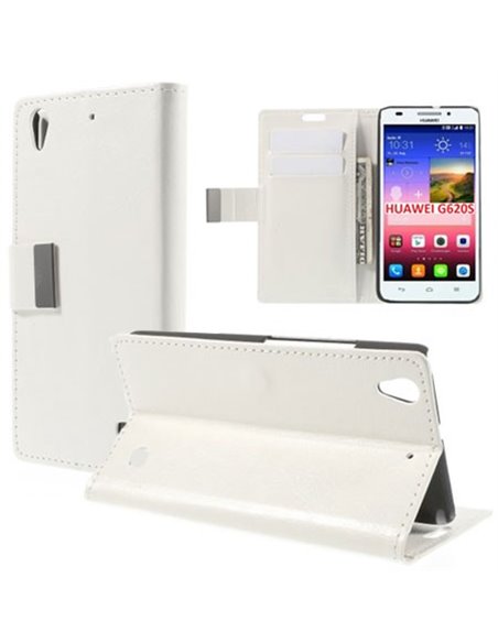 CUSTODIA FLIP ORIZZONTALE SIMILPELLE per HUAWEI ASCEND G620s, HONOR 4 PLAY CON STAND E TASCHE PORTA CARTE COLORE BIANCO