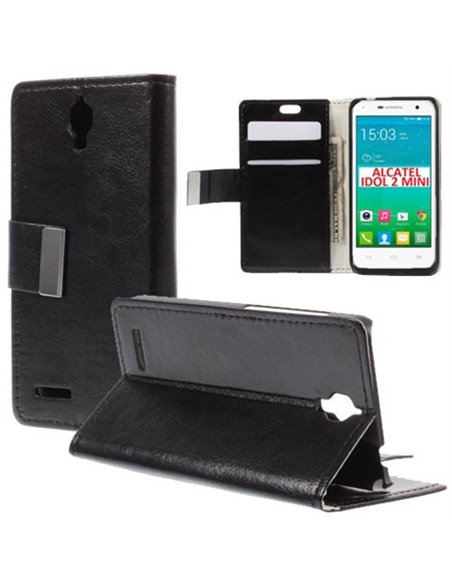 CUSTODIA FLIP ORIZZONTALE SIMILPELLE per ALCATEL IDOL 2 MINI, ONE TOUCH 6016 CON STAND E TASCHE PORTA CARTE COLORE NERO