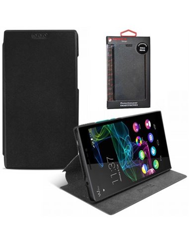 CUSTODIA FLIP ORIZZONTALE SLIM PELLE per WIKO RIDGE 4G CON STAND COLORE NERO ALTA QUALITA' MOCCA BLISTER
