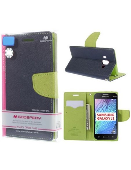 CUSTODIA FLIP ORIZZONTALE per SAMSUNG SM-J100H GALAXY J1 CON STAND E INTERNO IN TPU COLORE BLU FANCY DIARY MERCURY