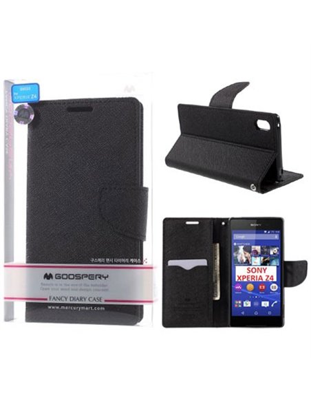 CUSTODIA FLIP ORIZZONTALE per SONY XPERIA Z4, XPERIA Z3+ CON INTERNO IN TPU, STAND E PORTA CARTE COLORE NERO FANCY DIARY MERCURY