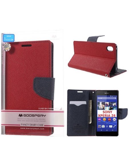 CUSTODIA FLIP ORIZZONTALE per SONY XPERIA Z4, XPERIA Z3+ CON INTERNO IN TPU, STAND E PORTA CARTE COLORE ROSSO FANCY DIARY MERCUR