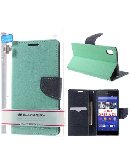 CUSTODIA FLIP ORIZZONTALE per SONY XPERIA Z4, XPERIA Z3+ CON INTERNO IN TPU, STAND E PORTA CARTE VERDE ACQUA FANCY DIARY MERCURY