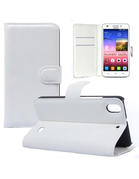 CUSTODIA FLIP ORIZZONTALE SIMILPELLE per HUAWEI ASCEND G620s CON STAND, PORTA CARTE E CHIUSURA MAGNETICA COLORE BIANCO