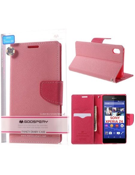 CUSTODIA FLIP ORIZZONTALE per SONY XPERIA Z4, XPERIA Z3+ CON INTERNO IN TPU, STAND E PORTA CARTE COLORE ROSA FANCY DIARY MERCURY