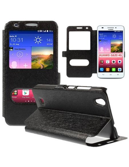 CUSTODIA FLIP ORIZZONTALE SLIM per HUAWEI ASCEND G620 4G CON DOPPIA FINESTRA ID, STAND E CHIUSURA MAGNETICA COLORE NERO