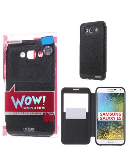 CUSTODIA FLIP ORIZZONTALE per SAMSUNG SM-E500 GALAXY E5 CON FINESTRA ID E INTERNO IN TPU COLORE NERO WOW! MERCURY BLISTER