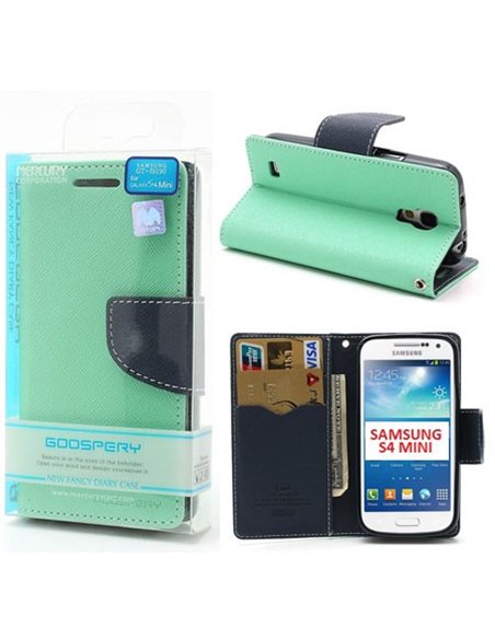 CUSTODIA FLIP ORIZZONTALE per SAMSUNG I9190 GALAXY S4 MINI, I9192, I9195  CON INTERNO IN TPU E STAND VERDE ACQUA FANCY DIARY MER