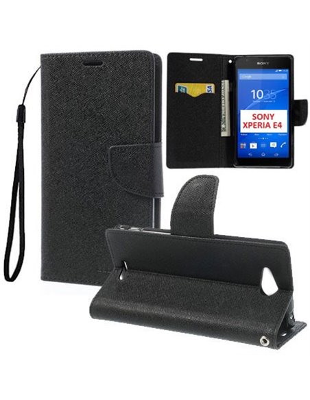 CUSTODIA FLIP ORIZZONTALE per SONY XPERIA E4, E2104, E2105 CON INTERNO IN TPU, STAND, PORTA CARTE E LACCIO DA POLSO COLORE NERO