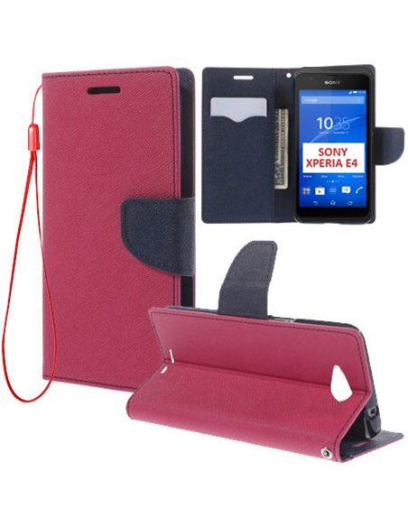 CUSTODIA FLIP ORIZZONTALE per SONY XPERIA E4, E2104, E2105 CON INTERNO IN TPU, STAND, PORTA CARTE E LACCIO DA POLSO COLORE FUCSI