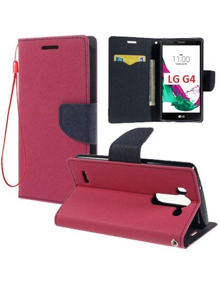 CUSTODIA FLIP ORIZZONTALE per LG G4, H815 CON INTERNO IN TPU SILICONE, STAND, TASCHE PORTA CARTE E LACCIO DA POLSO COLORE FUCSIA