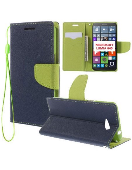 CUSTODIA FLIP ORIZZONTALE per MICROSOFT LUMIA 640 CON INTERNO IN TPU, STAND, PORTA CARTE E LACCIO DA POLSO COLORE BLU