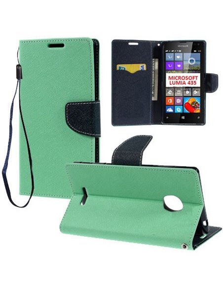 CUSTODIA FLIP ORIZZONTALE per MICROSOFT LUMIA 435 CON INTERNO IN TPU, STAND, PORTA CARTE E LACCIO DA POLSO VERDE ACQUA