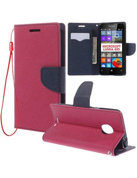 CUSTODIA FLIP ORIZZONTALE per MICROSOFT LUMIA 435 CON INTERNO IN TPU, STAND, PORTA CARTE E LACCIO DA POLSO COLORE FUCSIA