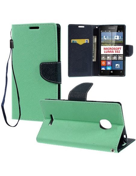 CUSTODIA FLIP ORIZZONTALE per MICROSOFT LUMIA 532 CON INTERNO IN TPU, STAND, PORTA CARTE E LACCIO DA POLSO VERDE ACQUA