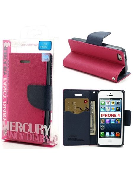 CUSTODIA FLIP ORIZZONTALE per APPLE IPHONE 4, IPHONE 4S CON STAND E INTERNO IN TPU SILICONE COLORE FUCSIA FANCY DIARY BLISTER ME