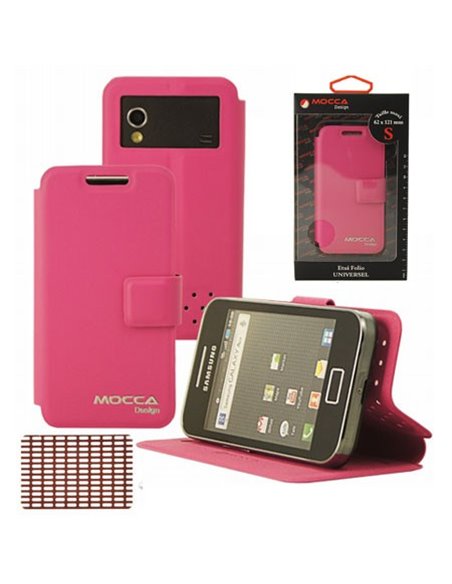 CUSTODIA FLIP ORIZZONTALE UNIVERSALE ROSA con FISSAGGIO ADESIVO DIMENSIONI 62 x 121 mm MISURA 'S' ALTA QUALITA' BLISTER MOCCA