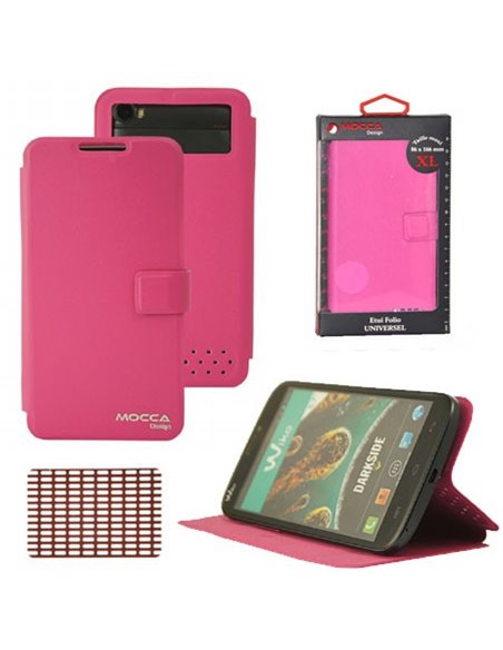 CUSTODIA FLIP ORIZZONTALE UNIVERSALE ROSA con FISSAGGIO ADESIVO DIMENSIONI 86 X 166 mm MISURA 'XL' ALTA QUALITA' BLISTER MOCCA