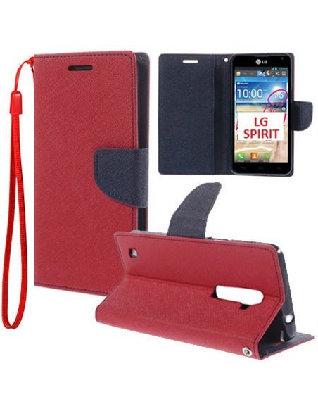 CUSTODIA FLIP ORIZZONTALE per LG SPIRIT 4G LTE H440N, H420 CON INTERNO IN TPU, STAND, PORTA CARTE E LACCIO DA POLSO COLORE ROSSO