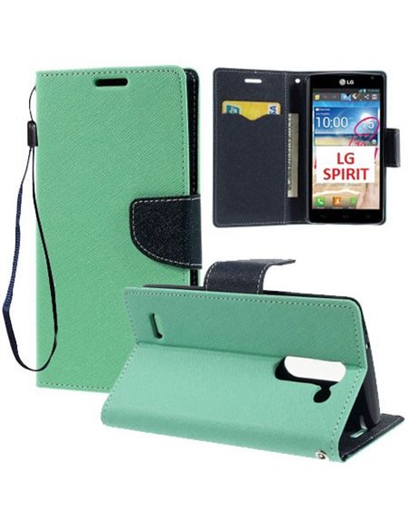 CUSTODIA FLIP ORIZZONTALE per LG SPIRIT 4G LTE H440N, H420 CON INTERNO IN TPU, STAND, PORTA CARTE E LACCIO DA POLSO VERDE ACQUA