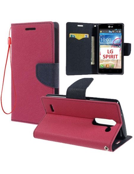 CUSTODIA FLIP ORIZZONTALE per LG SPIRIT 4G LTE H440N, H420 CON INTERNO IN TPU, STAND, PORTA CARTE E LACCIO DA POLSO COLORE FUCSI