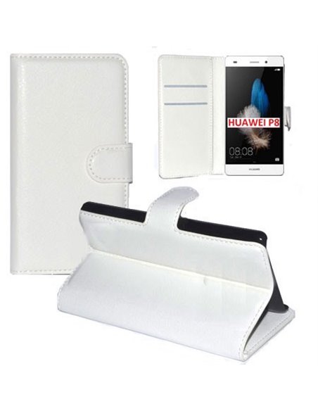 CUSTODIA FLIP ORIZZONTALE SIMILPELLE per HUAWEI ASCEND P8 CON STAND, TASCHE PORTA CARTE E CHIUSURA MAGNETICA COLORE BIANCO