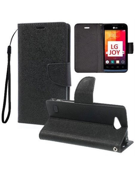 CUSTODIA FLIP ORIZZONTALE per LG JOY H220 CON INTERNO IN TPU SILICONE, STAND, TASCHE PORTA CARTE E LACCIO DA POLSO COLORE NERO