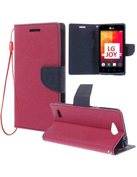 CUSTODIA FLIP ORIZZONTALE per LG JOY H220 CON INTERNO IN TPU SILICONE, STAND, TASCHE PORTA CARTE E LACCIO DA POLSO COLORE FUCSIA