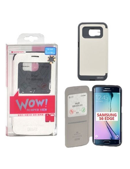 CUSTODIA FLIP ORIZZONTALE per SAMSUNG SM-G925 GALAXY S6 EDGE CON FINESTRA ID E INTERNO IN TPU COLORE BIANCO WOW! MERCURY