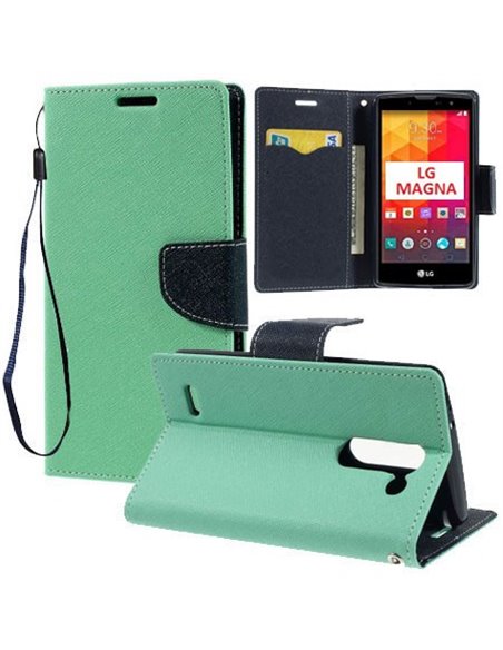 CUSTODIA FLIP ORIZZONTALE per LG MAGNA, G4C, H525N CON INTERNO IN TPU, STAND, PORTA CARTE E LACCIO DA POLSO VERDE ACQUA