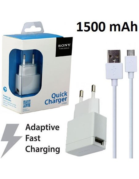 CARICATORE DA RETE 1500mAh ORIGINALE SONY CON 1 PORTA USB + CAVO MICRO USB QUICK CHARGER COLORE BIANCO EP881 BLISTER